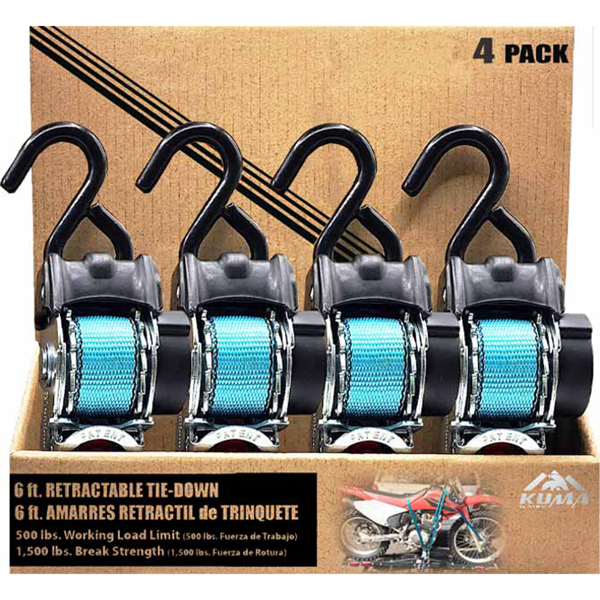 Everest Kuma Retractable Tie-Down Straps — 1in. x 6ft., 500 Lb. WLL, 4 Pk, Model# RE4106